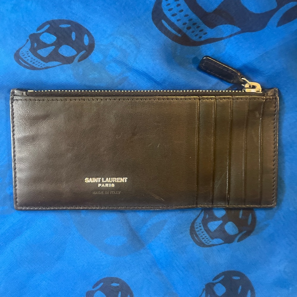 Saint Laurent Black Leather Zip Card Holder with Silver Logo